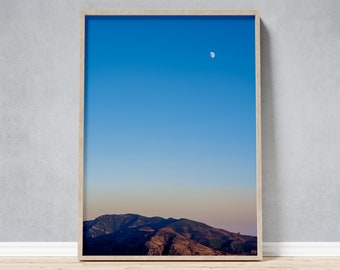 Moon Rises over Madeira Mountains as a Framed Photo Souvenir, Minimal Landscape Photography for Living Room and Office, as Gift for Him Her