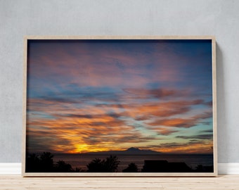 Framed Photo of La Palma Coast Sunset Over Tenerife Teide Mountain, Canary Island Maritime Wall Art as a Gift or Souvenir, for Guest Rooms