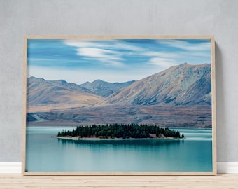 Framed Photo of an Island in New Zealand's Lake Tekapo, Minimalist Landscape Photography as Gift for Nature Lover, Peaceful Wall Art