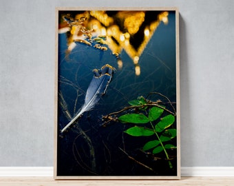 Framed photo of golden thai pagoda reflection, peaceful nature uplifting large wall art as a gift for meditators and as yoga space decor