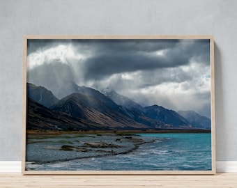 Framed Photo of Stormy Mountain Lake in New Zealand, Inspiring Turquoise Seascape Photo Wall Art Souvenir, Large Print Gift for Her Him