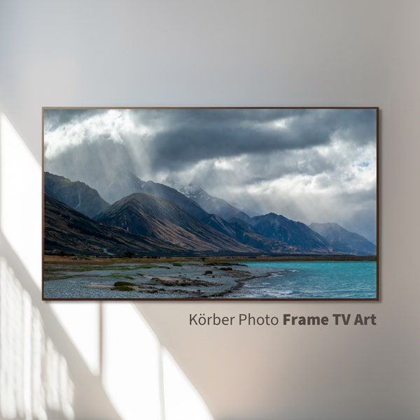 Stormy Turquoise Mountain Lake Pukaki New Zealand Art for Samsung Frame TV, Inspiring Aotearoa Landscape Photography Digital Download Decor