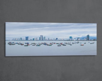 Vietnamese Harbor Maritime Panoramic Wall Art, Light Blue Canvas Photo Print with Skyline & Fishing Boats for Modern Spaces, Urban Danang