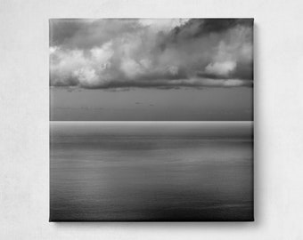 Minimalist Coastal Seascape Original Photo Canvas Print 8x8 in, La Palma Peaceful Ocean Maritime Wall Art, Nautical Gift in Black and White