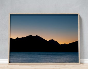 Framed Photo of Orange Sunset Afterglow Behind New Zealand Mountain Range, Minimalist Wall Art Eighties Style for Travelers Nature Lovers
