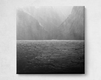 Doubtful Sound New Zealand 8x8 inch Photo Canvas Print, Tranquil Rain Maritime Wall Art, Minimal Fiordland Shore Seascape Photography