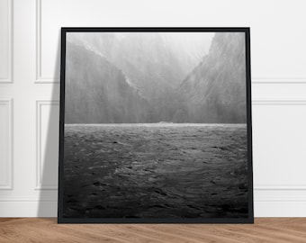 Framed Photo of Doubtful Sound in New Zealand, Tranquil Rain Maritime Wall Art, Minimal Fiordland Shore Seascape Photography