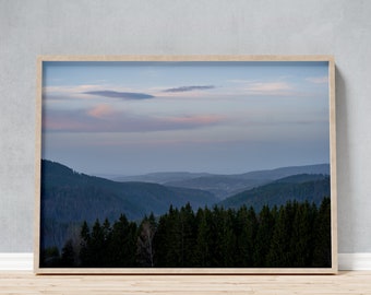 Calm Bohemian Forest Sunset Framed Photo, Late Evening Mountain Mist Print, Pine and Birch Tree Landscape Photo for Hikers & Nature Lovers