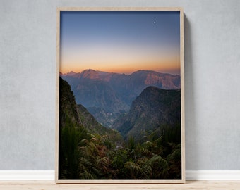 Mysterious Madeira Mountain Moonrise as Framed Photo, Romantic Violet Orange Sunset Wall Art, Gift or Souvenir for Nature Lovers and Hikers
