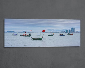 Vietnamese Seascape Panoramic Wall Art, Danang Harbor Photo with Red Flag, Large Photo of Lively Fishing Boats, Maritime Gift for Fisherman