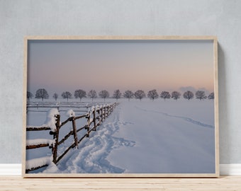 Framed Photo of Peaceful Winter Pasture, Calming Sunset in Pastel Colors, Rustic Home Farmhouse Style Wall Art as a Gift for Nature Lovers