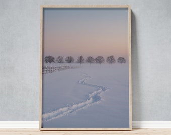 Minimalist Winter Landscape as a Framed Photo, Snowy Pasture at Sunset in Pastel Colors, Cozy Home Decor, Large Wall Art for Living Spaces