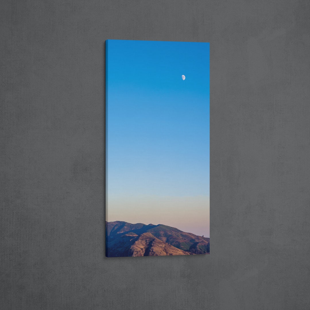 Bright Blue Sky and Moon Long Narrow Canvas Print, Madeira Mountains