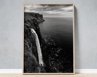Waterfall at the Coast of Scotland as a Black and White Framed Photo, Elegant Maritime Wall Art as a Gift or Souvenir, for Office Upgrades