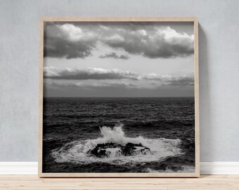 Framed Photo of Crashing Waves Seascape, La Palma Black and White Print, Canary Island Maritime Wall Art, Square Photo for Sea Lover