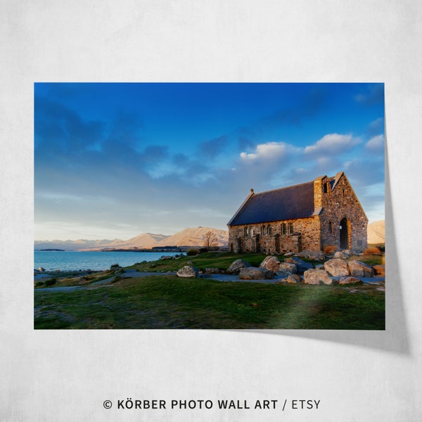 Neuseeland großer Fotoprint als Geschenk oder Souvenir für Reisende, Landschaftsfotografie Sonnenuntergang Church Shepherd Lake Tekapo