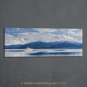Bavarian Chiemsee Wide Panoramic Wall Art, Boat in Front of Alpine Peaks & Clouds Landscape Photo on Canvas  for Living Room and Study Decor
