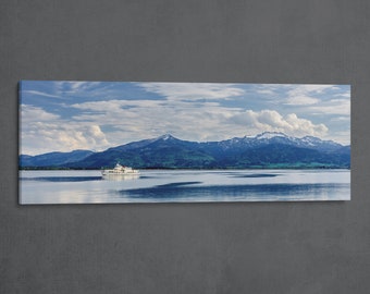 Bavarian Chiemsee Wide Panoramic Wall Art, Boat in Front of Alpine Peaks & Clouds Landscape Photo on Canvas  for Living Room and Study Decor