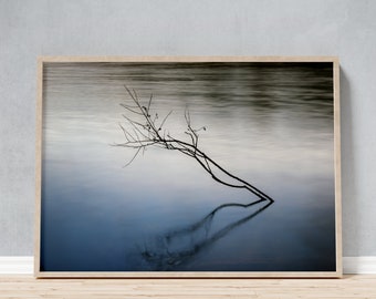 Framed Photo of Minimalist Calm Lake Branch, Elegant Blue-Grey Seascape Photography Gift for Meditators, Scandi Interior Modern Office Photo