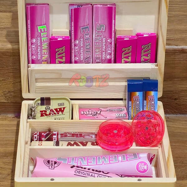 Raw Rolling Box Stash Hamper with Pink papers cones Grinder tips Keychain & Cyclones  Tips Rolling mat Grassleaf Bud Box