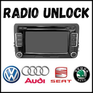 Può includere: Autoradio per auto con schermo nero e pulsanti, con la scritta "RADIO UNLOCK" sopra. I loghi di Volkswagen, Audi, Seat e Skoda sono in basso.