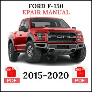 以下が含まれることがあります： 黒いアクセントと大きなタイヤを備えた赤いフォードF-150ピックアップトラック。「FORD F-150 REPAIR MANUAL」というテキストが上部にあり、その下に「2015-2020」と書かれています。 PDFアイコンが左右にあります。