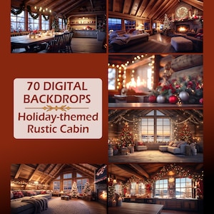 70 Holiday Themed Backdrops, Digital Photography Bundle of Interior Rustic Homes, Cottages, Log Cabins with Seasonal Decorations