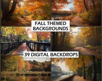 Puede incluir: Una colección de 39 fondos digitales que presentan escenas otoñales con follaje vibrante amarillo, naranja y rojo. Las imágenes muestran caminos a través de bosques, ríos y calles de la ciudad, todas mostrando la belleza del otoño.