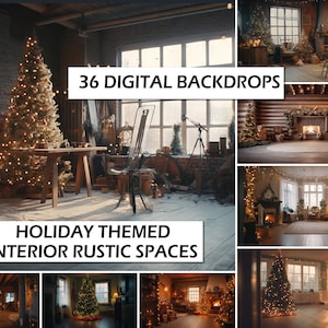 May include: A collection of 36 digital backdrops featuring holiday themed interior rustic spaces. The backdrops include a variety of rooms with fireplaces, Christmas trees, and other festive decorations.