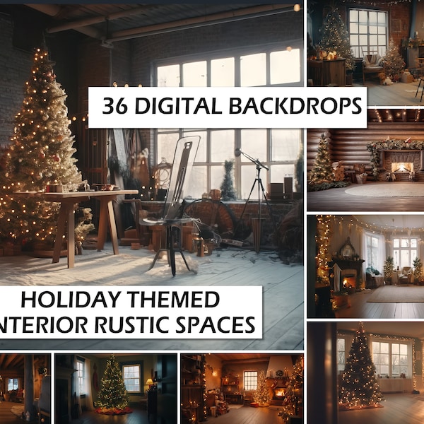 36 Holiday Themed Backdrops, Digital Photography Bundle of Interior Rustic Homes, Cottages, Log Cabins with Seasonal Decorations