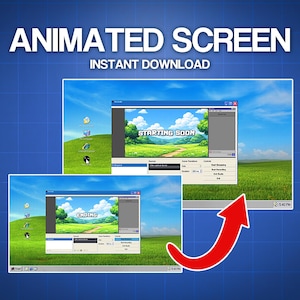 Puede incluir: Gráfico de pantalla animada con el texto "ANIMATED SCREEN" e "INSTANT DOWNLOAD" en blanco. La imagen muestra una pantalla de ordenador con un fondo de paisaje y las palabras "STARTING SOON" y "ENDING". Una flecha roja apunta a la pantalla.