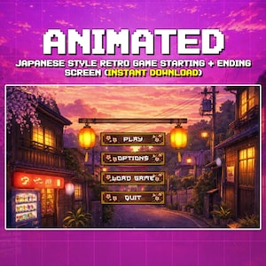May include: Animated Japanese-style retro game screen with a sunset background. The screen features a street scene with lanterns and buildings. Text includes "ANIMATED" and game options: "PLAY", "OPTIONS", "LOAD GAME", and "QUIT".
