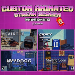 Pode incluir: Gráfico de tela de transmissão animada personalizada com um design retrô pixelizado. A imagem inclui quatro exemplos diferentes de telas de transmissão, cada um com um nome e design exclusivos. O texto "Turn Your Room Retro!" também está incluído.
