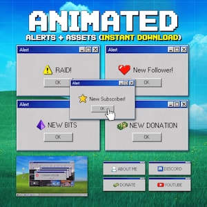 May include: An image featuring animated alerts and assets for streaming. The design includes pop-up windows with alerts for raids, new followers, subscribers, bits, and donations. Additional buttons for About Me, Discord, Donate, and YouTube are also present.