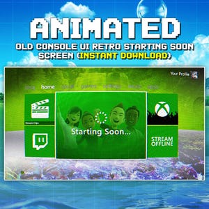 Pantalla de próxima aparición de la interfaz de usuario de consola retro para streamers: panel animado estilo Frutiger Aero