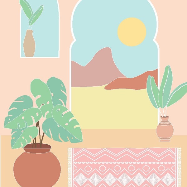 Moroccan Paradise: Illustration DIGITAL copy - Desert Mountains, Arched Windows, Sunlit Room, Pot Plants, Rug, and Blue Sky