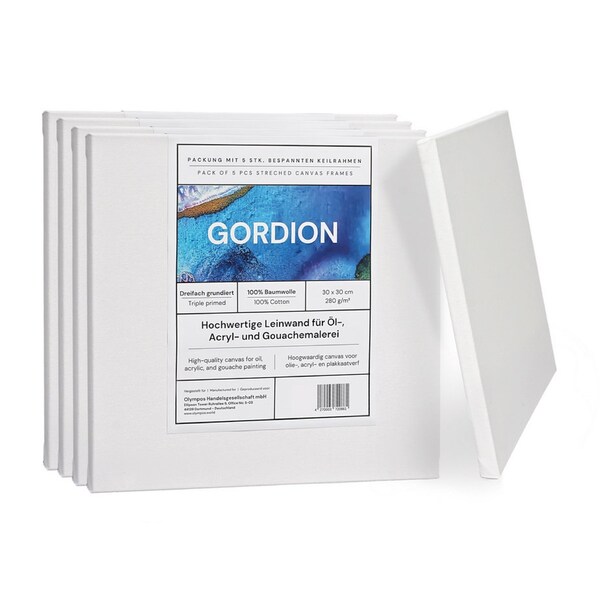 Gordion Bespannte Keilrahmen Set, 5er Packung, 280 gsm. Leinwandstoff aus Baumwolle, geeignet für Acyrl-, Öl-, und Gouachefarben
