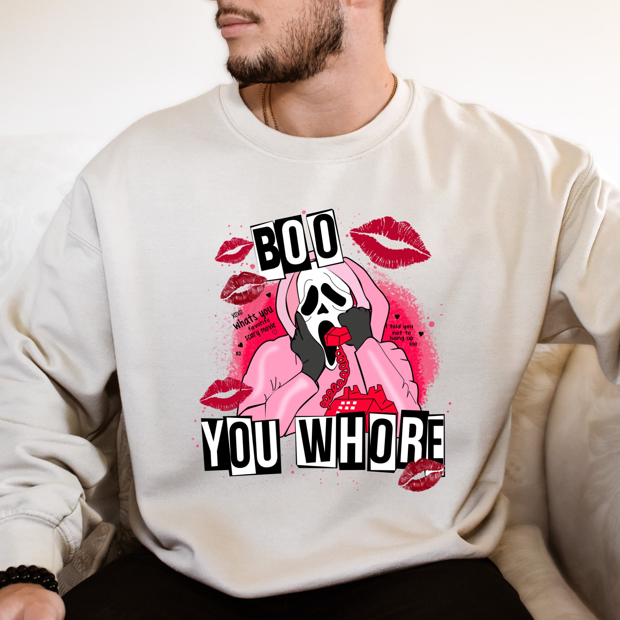 Discover Mean Girls "Boo You Whore" Sweatshirt: Valentine's Horror Movie Design with Spooky Bleached Look