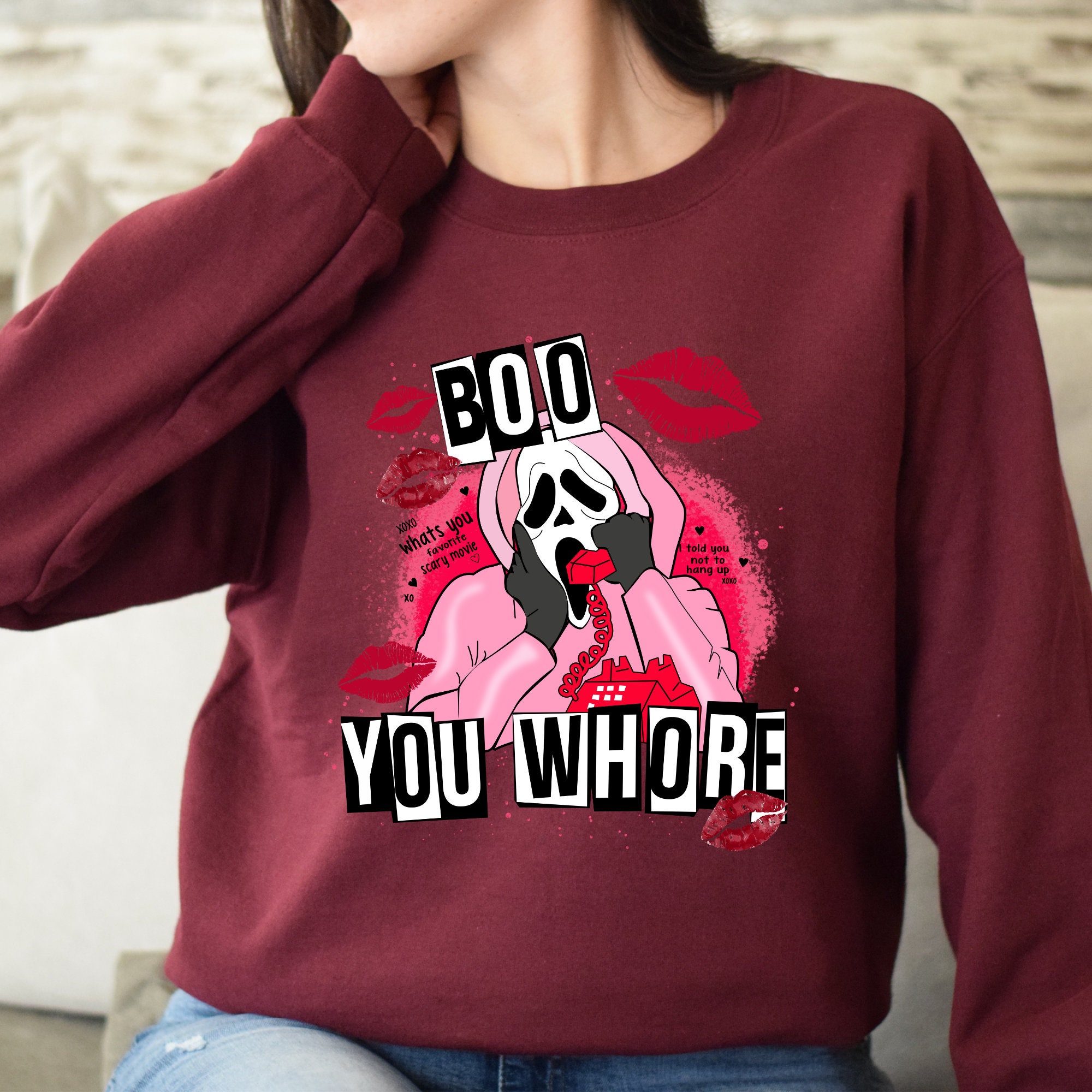 Discover Mean Girls "Boo You Whore" Sweatshirt: Valentine's Horror Movie Design with Spooky Bleached Look