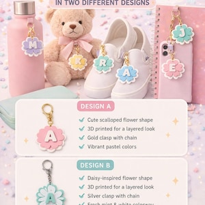 Paquete de llaveros con iniciales florales en formato STL, archivos de impresión 3D para llaveros con letras del alfabeto, llaveros florales adorables en formato STL, descarga digital STL 3MF.