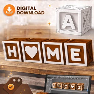 Puede incluir: Imagen de un paquete de archivos STL de cajas de alfabeto personalizadas. La imagen muestra cajas de madera con letras y un símbolo de corazón. La palabra "HOME" está escrita con las cajas. Un ordenador portátil muestra diseños de cajas, y el texto "READY TO SELL!" es visible.