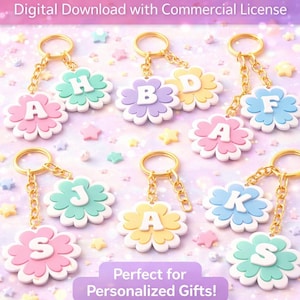 May include: A collection of flower-shaped keychains, each featuring a different letter of the alphabet. The keychains are in various pastel colors with gold-colored chains and rings. The image includes the Etsy logo and text that reads "Flower Alphabet Keychain Gift STL".