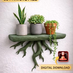May include: A green, root-shaped wall shelf with three potted plants. The shelf is made to look like a tree branch with roots. The text on the image says "ROOT TREE WALL SHELF" and "3D Print STL FILE".