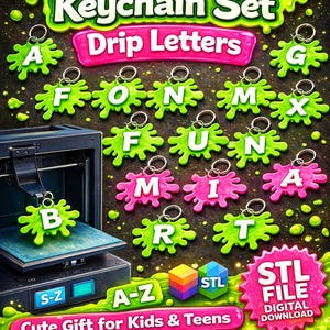 Puede incluir: Juego de llaveros Alphabet Slime con letras que gotean en verde y rosa. La imagen incluye letras del alfabeto, una impresora 3D y el texto "Cute Gift for Kids & Teens".