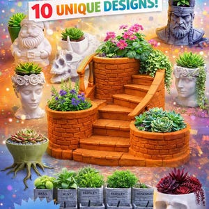 May include: A selection of 3D printable planter designs, including a Santa, a skull, and a bust. The planters are filled with various plants and flowers. The image includes text that says "3D Printable Planter Bundle" and "10 Unique Designs!"