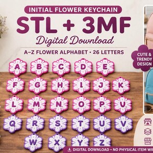 May include: A collection of flower-shaped keychains, each with a letter of the alphabet. The keychains are in pink and purple, with a white center. The image also shows the keychains attached to backpacks and tote bags. Text on the image says "Initial Flower Keychain" and "Digital Download."