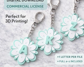 Alphabet Flower Keychain STL Files A-Z, 3D Print Charm (Digital Download)