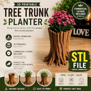 Baumstamm-Pflanzgefäß (STL) | Ohne Stützstrukturen | 3D-druckbarer Blumentopf | Digitaler Download | Kommerzielle Lizenz inklusive | Rustikale Dekoration