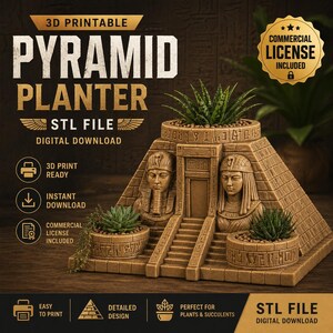 May include: A 3D-printed pyramid planter in a tan color, featuring detailed Egyptian-style carvings and steps. The planter includes two side pots and a top section for plants. The text on the image says "3D Printable Pyramid Planter STL File Digital Download".