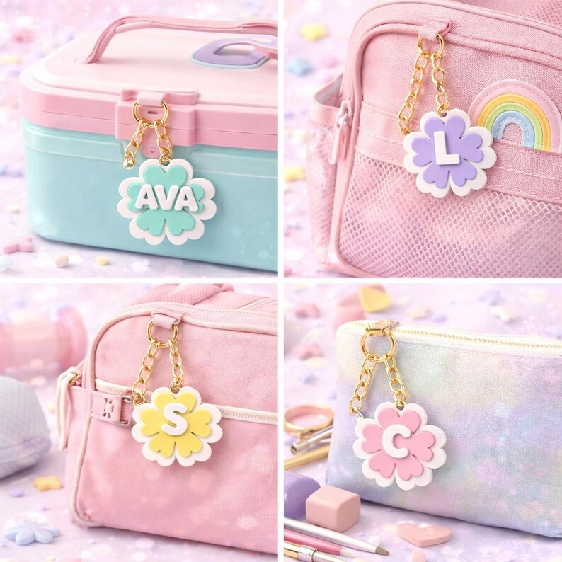 May include: A collection of personalized flower-shaped keychains with gold-colored chains. Each keychain features a different initial or name, with pastel colors like pink, blue, yellow, and purple. The keychains are attached to a lunchbox, backpack, and pencil case.